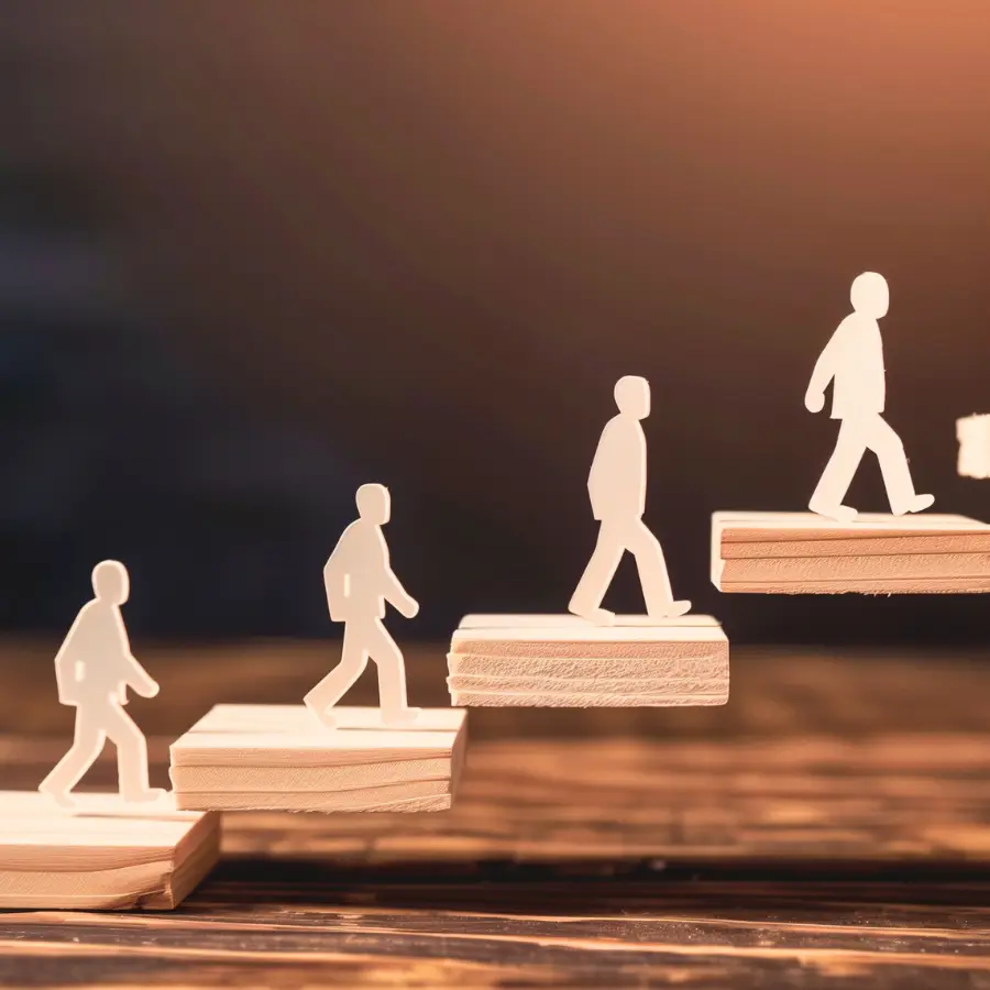 wood cut outs of figure walking up floating steps